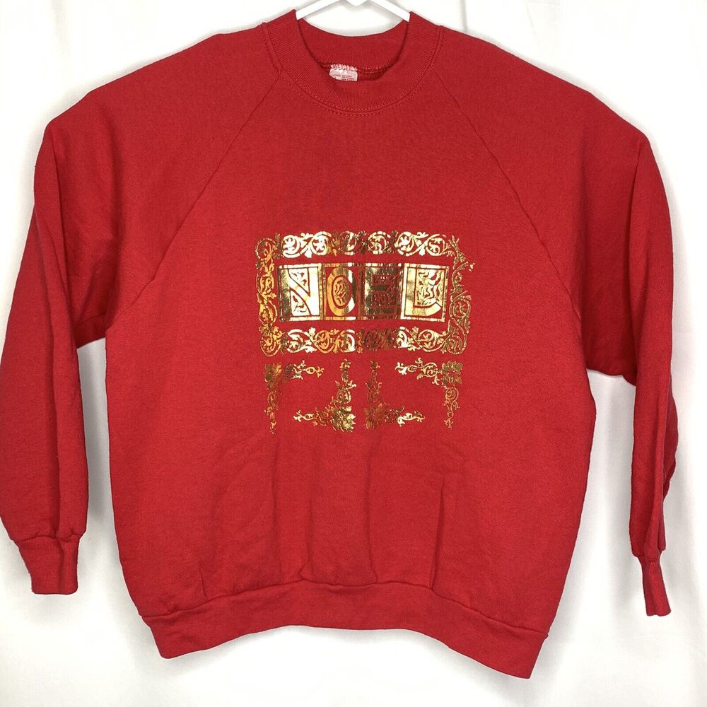 Vintage Womens Christmas Sweatshirt Size Large Noel Fruit Of The Loom Red Gold
